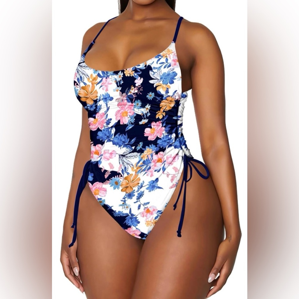 NWOT Viottiset Floral Drawstring 1Pc Tummy Control Cheeky Swimsuit Woman’s S